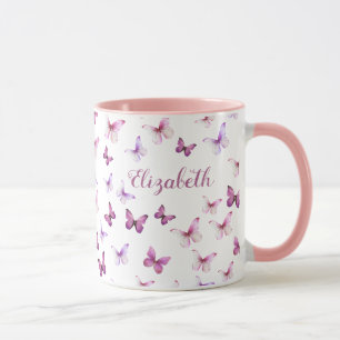 Taza Mariposas Rosadas Bonitas Nombre Personalizado