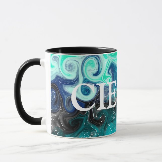 Taza Mármol Verde azulado de arte fluido negro y azul p (Izquierda)