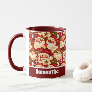 Taza Maroon Vintage Santa Claus Tartan Plaid Navidades
