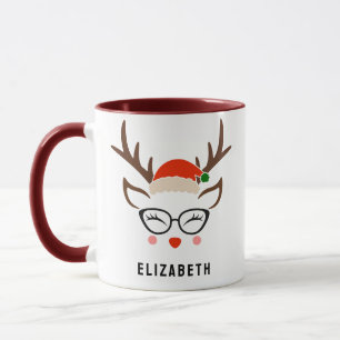 Taza Marrón de Navidades de Chica de renos de Santa Hat