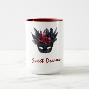 Taza Máscara de plumas rojas blancas negras de Borgoña