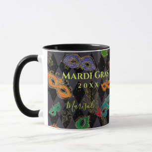 Taza Mascarada de Mardi Gras con nombre de harlequín ne