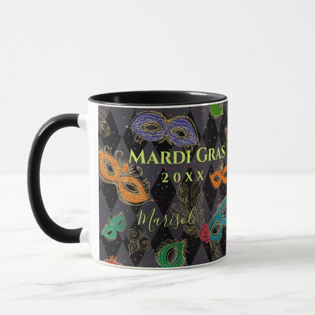 Taza Mascarada de Mardi Gras con nombre de harlequín ne (Izquierda)