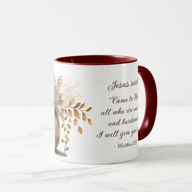 Taza Mateo 11:28 Jesús dijo: Ven a mí verso de la Bibli (Anverso derecho)