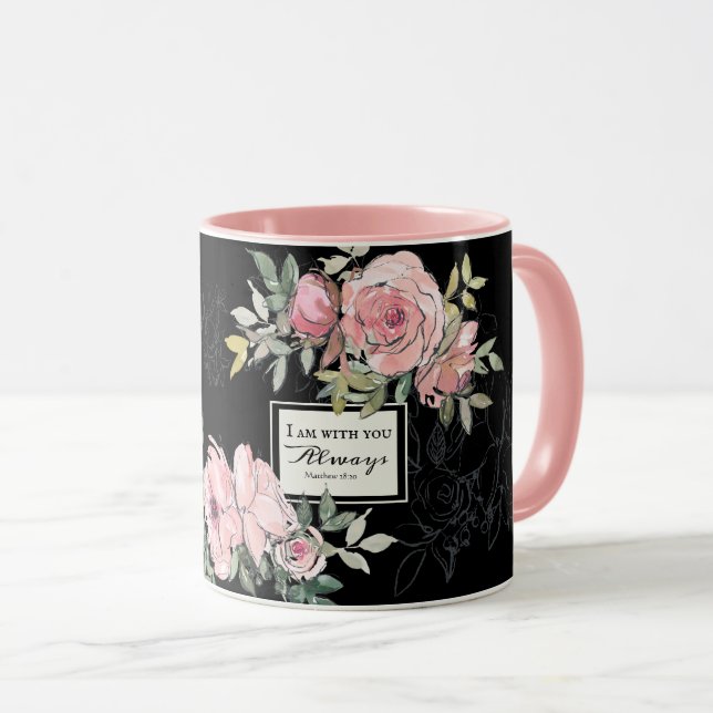 Taza Mateo 28:20 Siempre Estoy Contigo Flores Rosa (Anverso derecho)