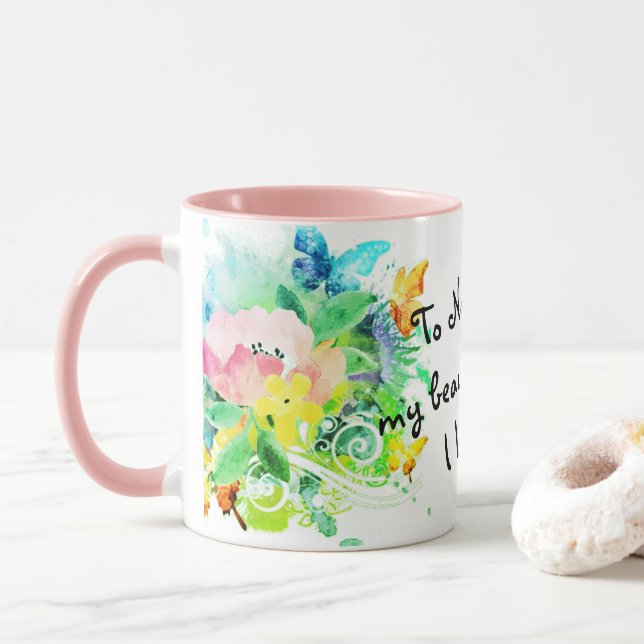 Taza Matorral floral rosa y verde azulado para mi sobri (Con donut)