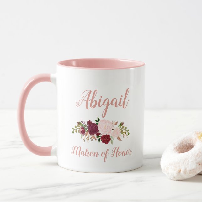 Taza Matrón de Honor Pink Marsala Boda Floral (Con donut)