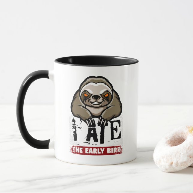 Taza Me comí el pájaro temprano. Pereza gruñona, gruñón (Con donut)
