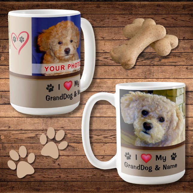 Taza Me encanta mi peluca GrandDog con tus 2 fotos y te (I love my granddog mug. Great gifts for dog lovers. Personalized coffee mug with dog picture. Doggie)