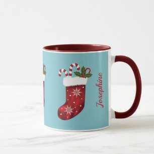 Taza Medias de Navidad Rojas en Azul con Nombre Persona