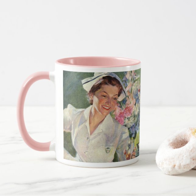Taza Medicina de época, enfermera feliz con uniforme (Con donut)