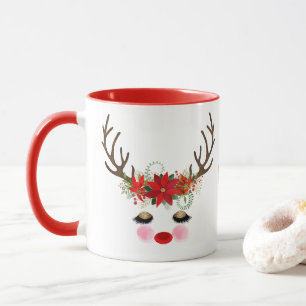 Taza Mejillas Rosadas Ojos Dorados Reno Floral Navideño