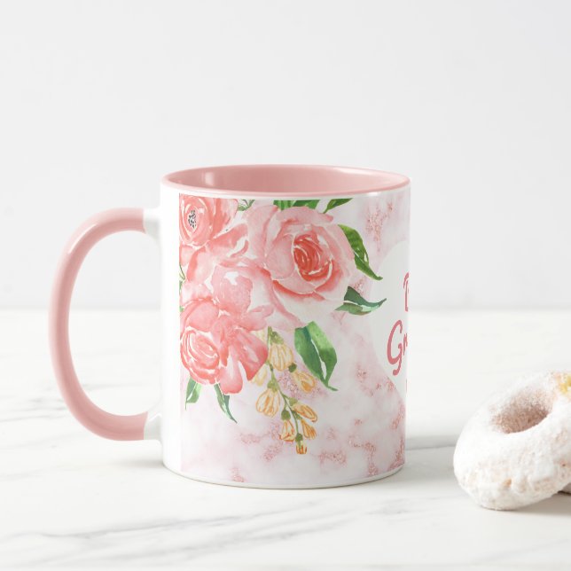 Taza Mejor Abuela Acuarela Floral Mármol Rosa (Con donut)