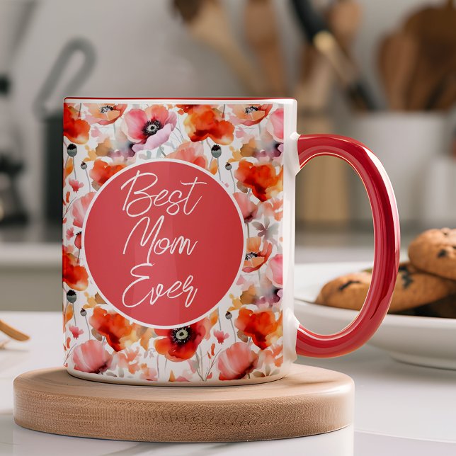 Taza Mejor foto de patrón de amapola moderna de mamá (Stylish, and made just for her, this mug brings a daily dose of love and smiles right to Mom.)