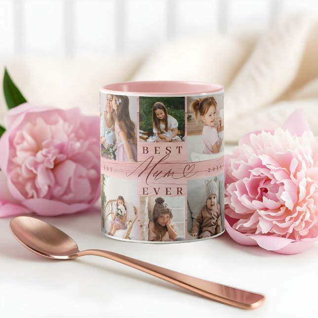 Taza Mejor Mamá de Collage de fotos de familia Pink Woo (Best Mum Ever Family Photo Collage Pink Woodgrain Mug)