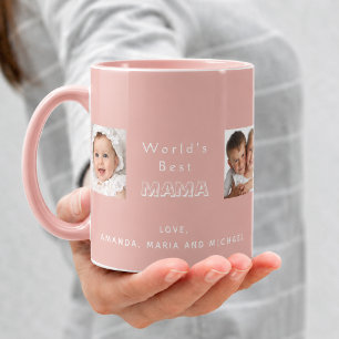 Taza Mejor mamá familia collage de fotos niños rosa