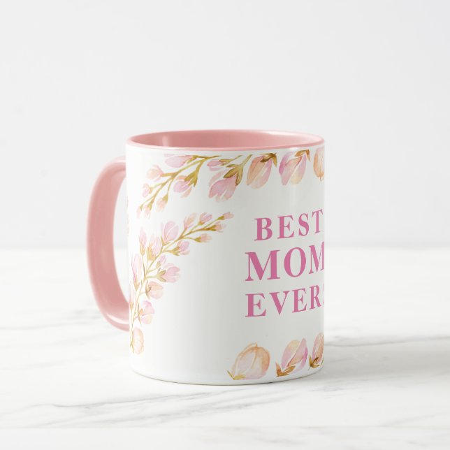 Taza MEJOR MOM ALGUNA bonito acuarela floral rosa (Anverso izquierdo)