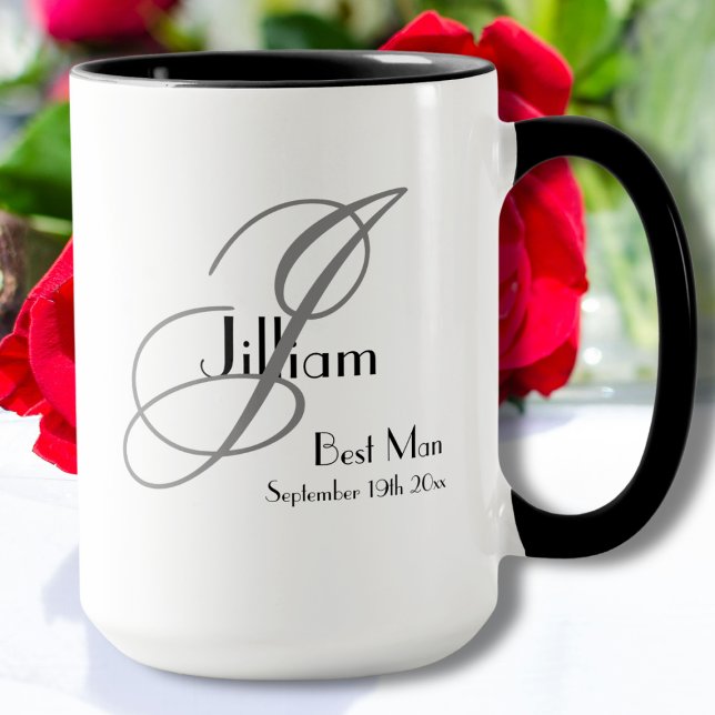 Taza Mejor Monograma Gris Blanco Negro + Nombre + Fecha (A Lovely Best Man Gift - White, Black & Gray Mug Design with Monogram, Name and Date.)