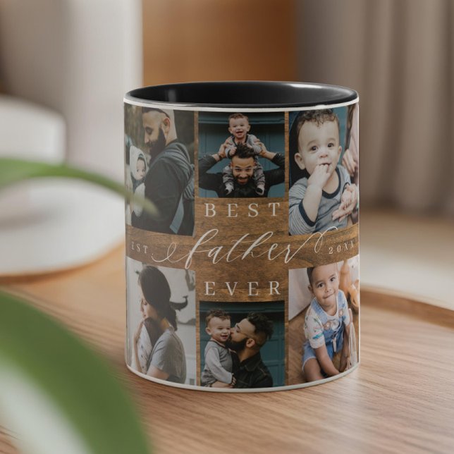Taza Mejor Padre siempre Woodgrain Collage de fotos Kee (Best Father Ever Woodgrain Photo Collage Keepsake Mug)