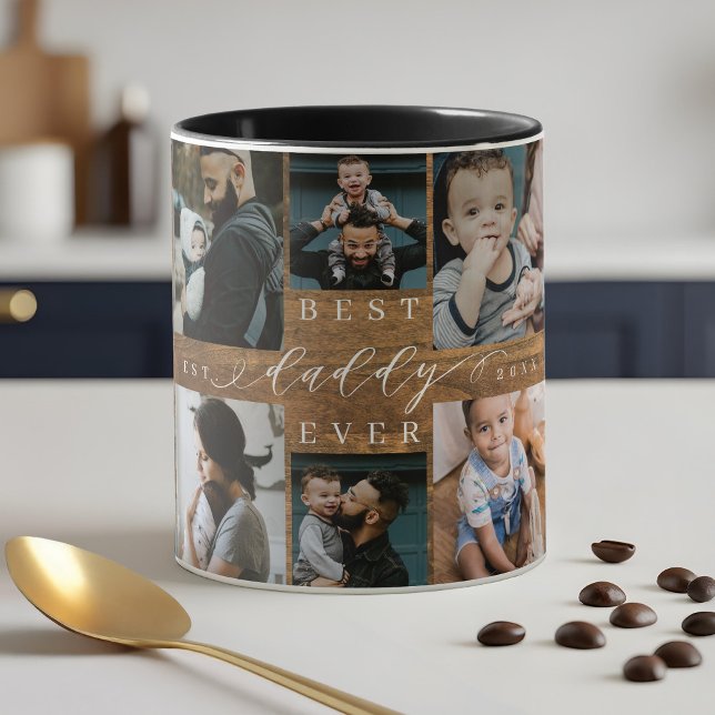 Taza Mejor Papi siempre Woodgrain Collage de fotos Keep (Best Daddy Ever Woodgrain Photo Collage Keepsake Mug)