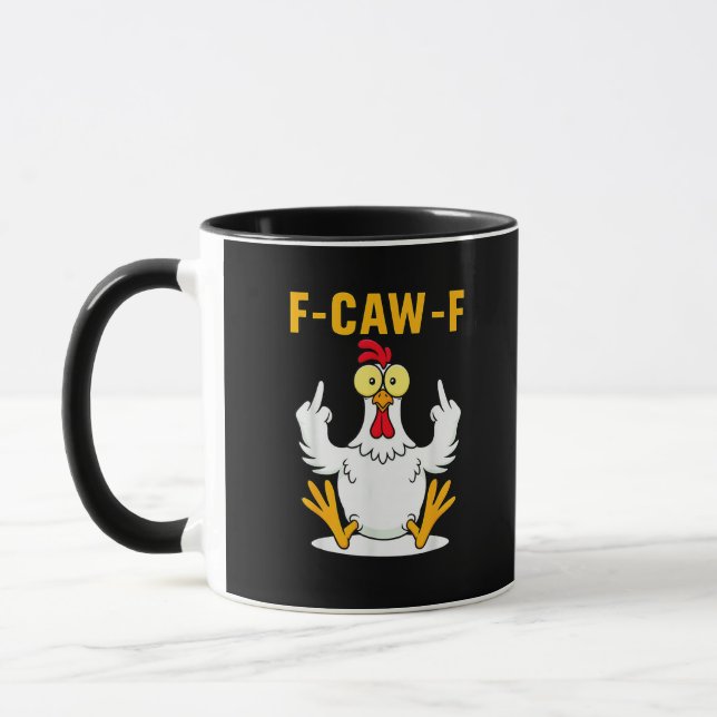 Taza Meme de gallo con cita F-Caw-F (Izquierda)