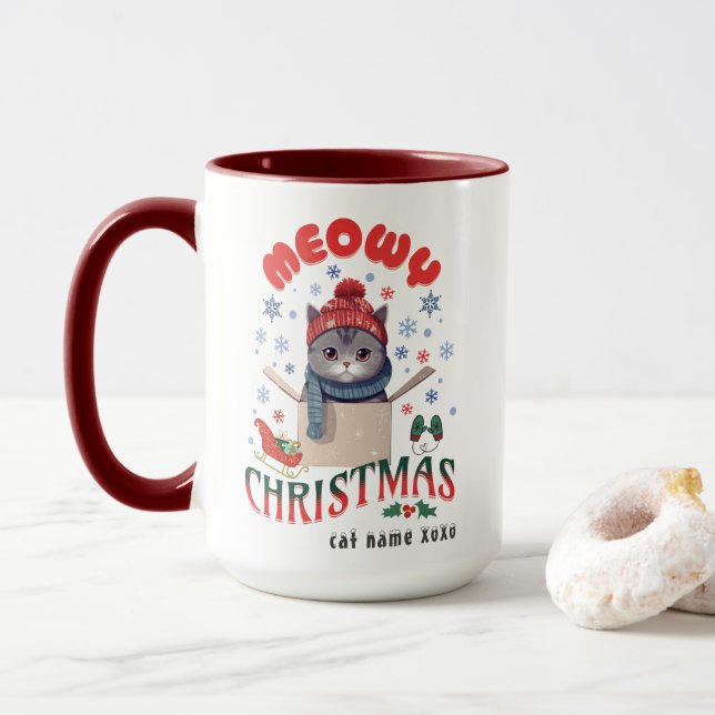 Taza Meowy Navidades Grumpy Gray Cat Mug (Con donut)