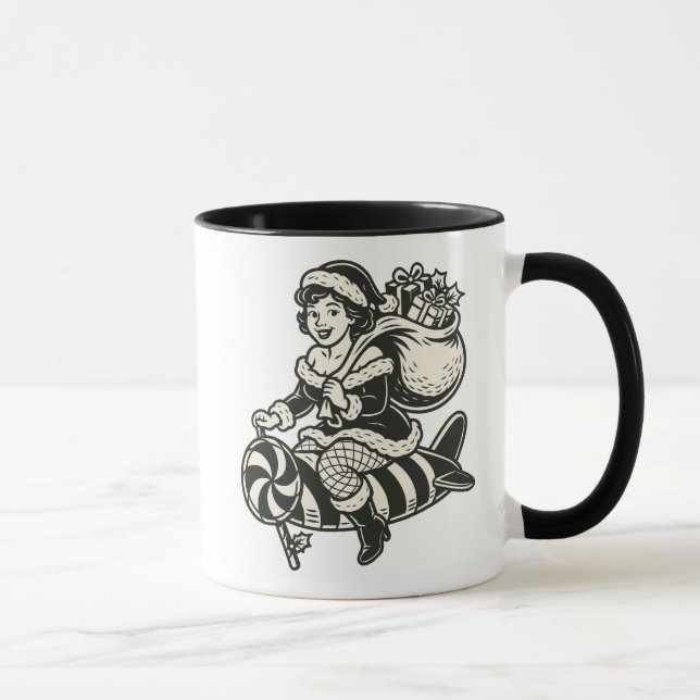 Taza Mère Noël rétro sur fusée en sucre d’orge. (Derecha)