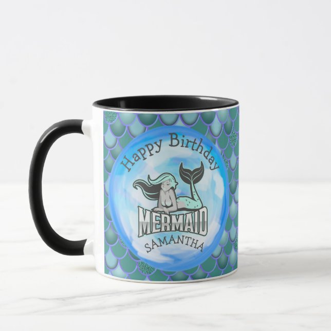 Taza Mermaid Cute feliz cumpleaños AZUL Mug (Izquierda)