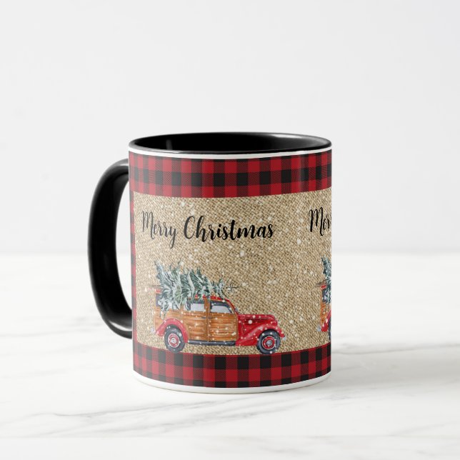 Taza Merry Christmas Buffalo Plaid Vintage Truck Tree (Anverso izquierdo)