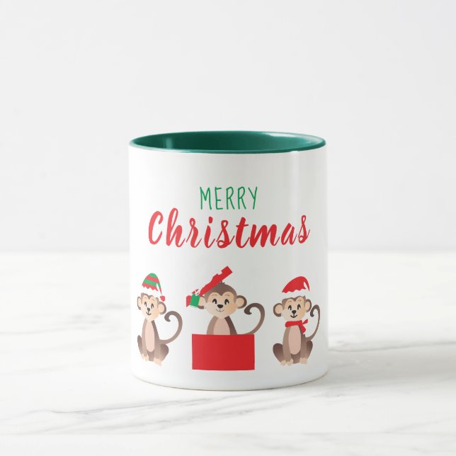 Taza Merry Christmas Cute Monkeys Navidades Gorras (Centro)