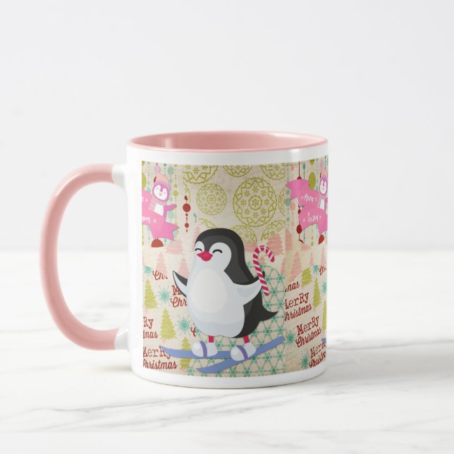 Taza Merry Christmas Cute Penguin Pink Mug (Izquierda)
