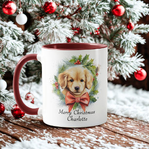 Taza Merry Christmas Cute Water Color Puppy Dog Nombre