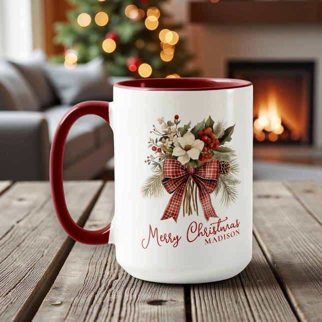 Taza Merry Christmas Elegant Floral Personalized Name (Subido por el creador)