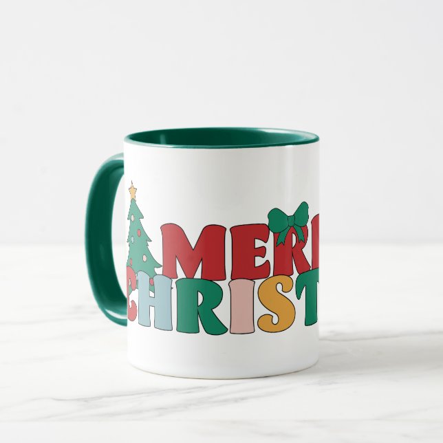 Taza Merry Christmas Typography Decorated Pine Tree (Anverso izquierdo)