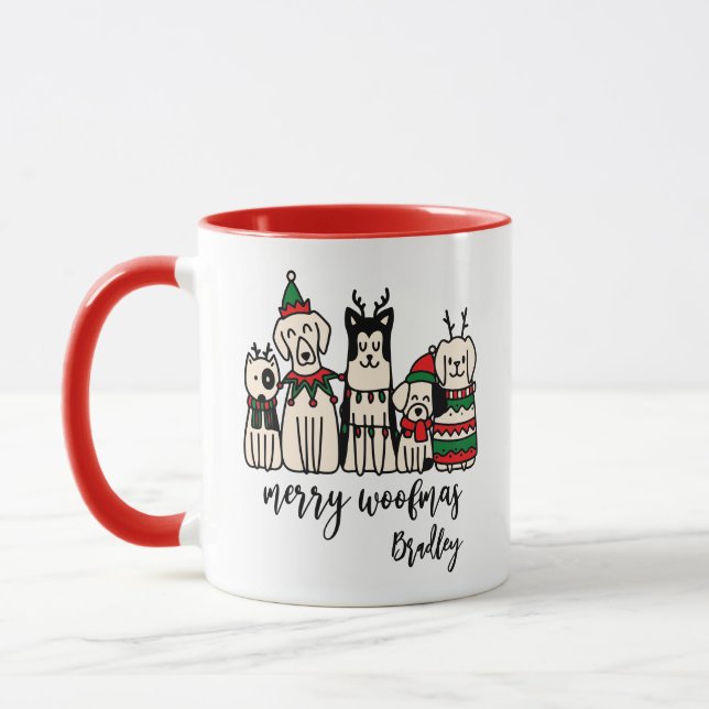 Taza Merry Woofmas Cute Dogs Navidades Nombre personali (Izquierda)