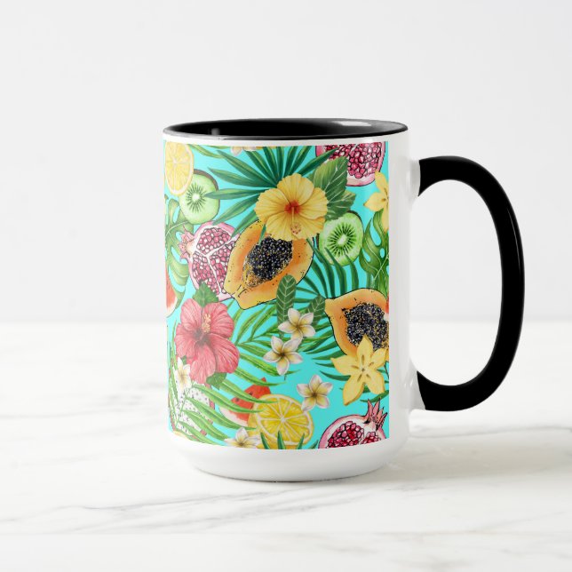 Taza Mezcla tropical, flores y hojas en azul (Derecha)