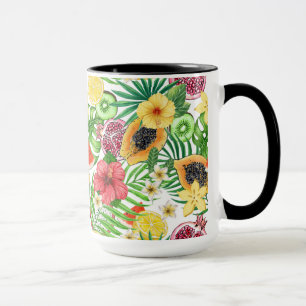Taza Mezcla tropical, flores y hojas en blanco