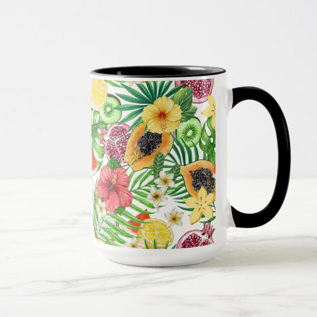 Taza Mezcla tropical, flores y hojas en blanco (Derecha)