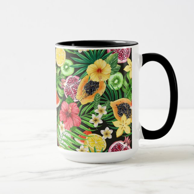 Taza Mezcla tropical, flores y hojas en negro (Derecha)