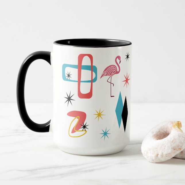 Taza Mid Century Pink Flamingo Ovals Starburst Diamonds (Con donut)