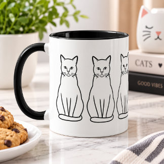 Taza Minimalist Cat Line Art Black and White Coffee Mug