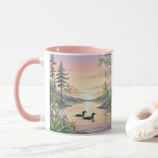 Taza Minnesota Lake Sunset with Loons, Coffee Mug (Con donut)
