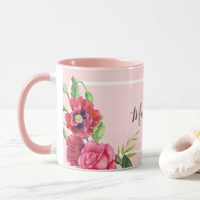Taza Moda acuarela moderna Flores rojas y rosas (Con donut)