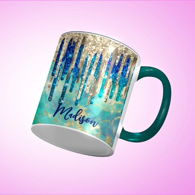 Taza Moda azul turquesa purpurina oro goteo monograma (Subido por el creador)