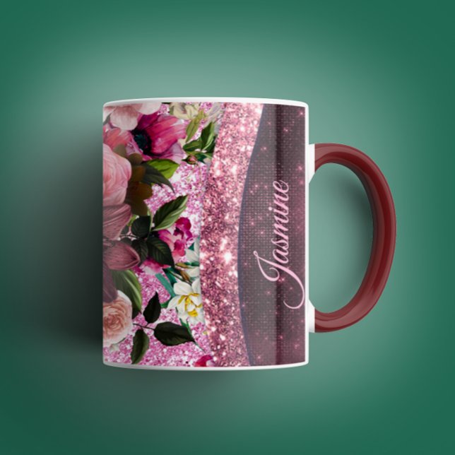 Taza Moda floral Borgoña rosa purpurina monograma (Subido por el creador)