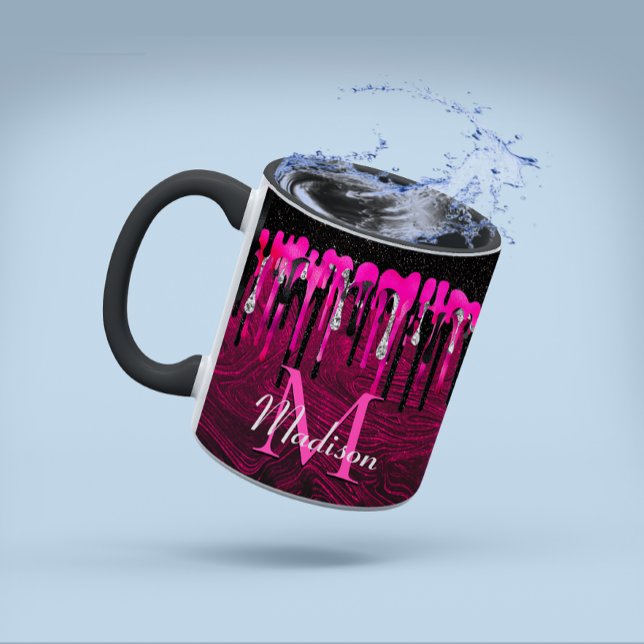 Taza Moda purpurina negro rosado caliente goteo monogra (Subido por el creador)