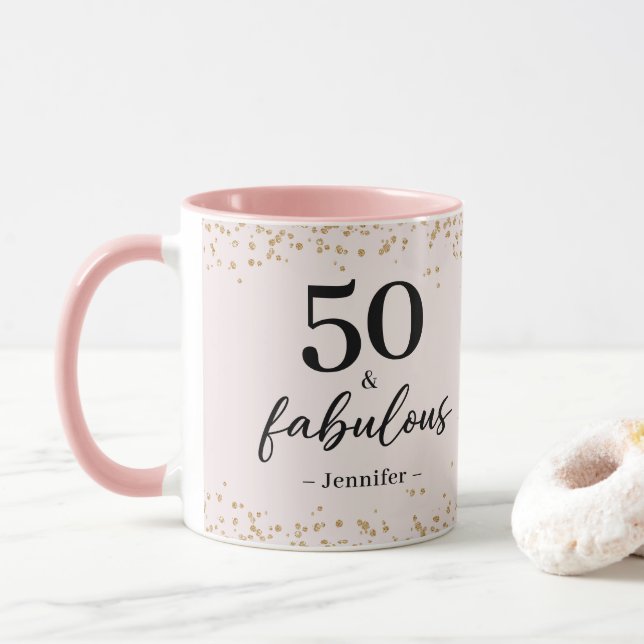 Taza Moda Rosa 50 y Fabulosa Mug de Cumpleaños (Con donut)