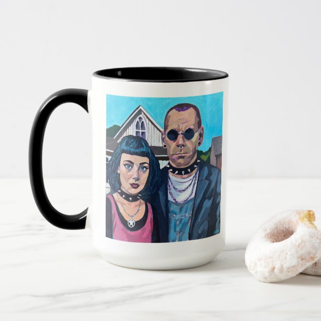 Taza Modern American Gothic Art - Grant Woods Inspired (Con donut)