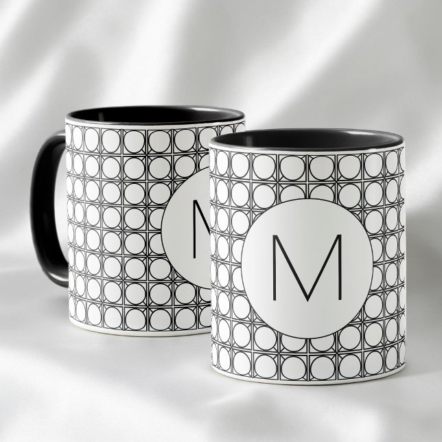 Taza Modern Black and White Rattan Pattern Monogram (Modern Black and White Rattan Pattern Monogram Mug)