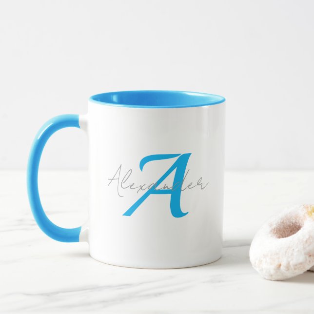 Taza Modern Blue Monogram & Script Name Personalized  (Con donut)